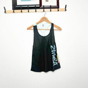 Zumba NWt! Women's Galaxy Loose Racerback Top Black & Aqua Blue, Raw Hem, Size S